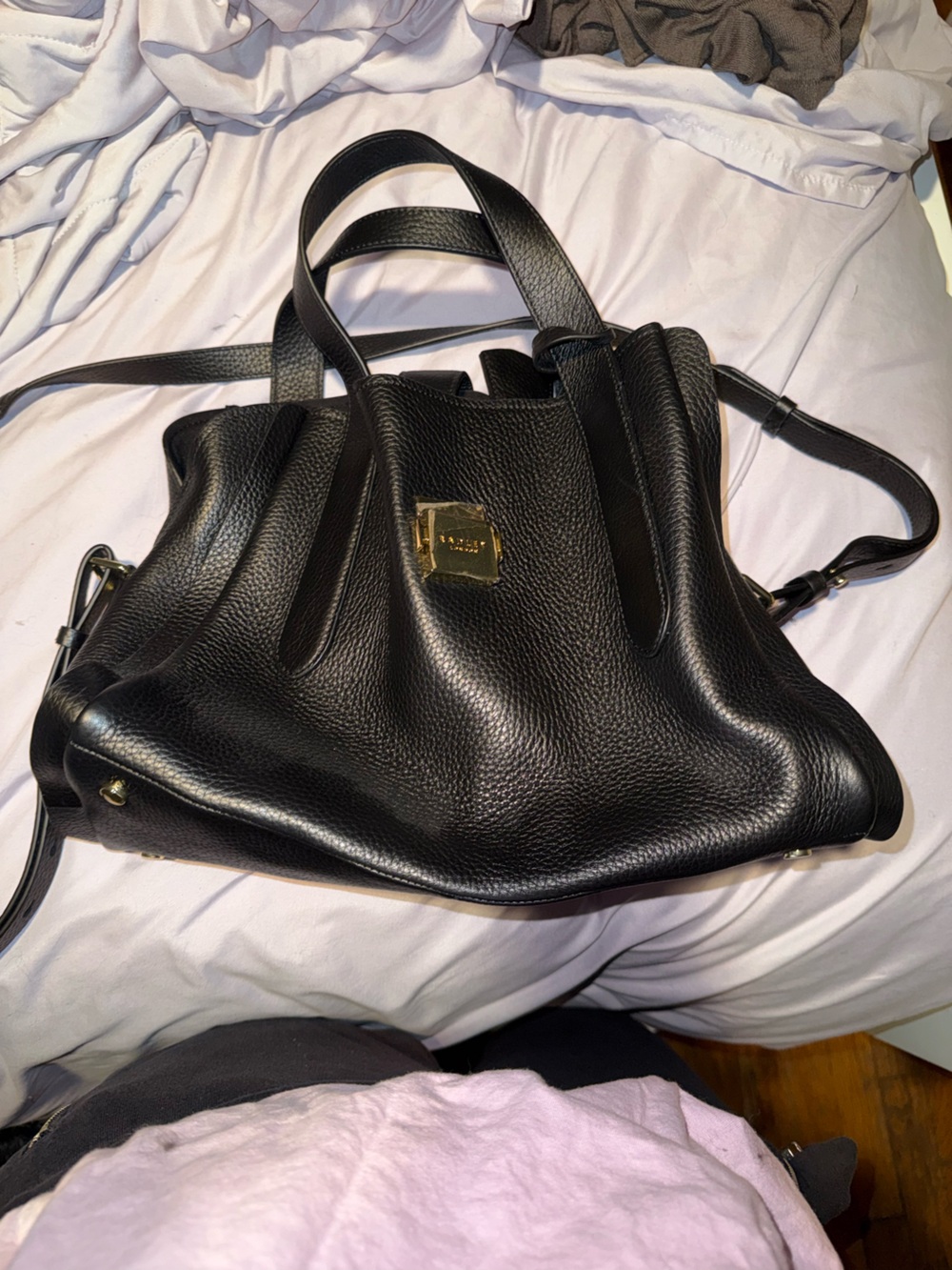 Black Leather Tote Handbag with Gold Accent